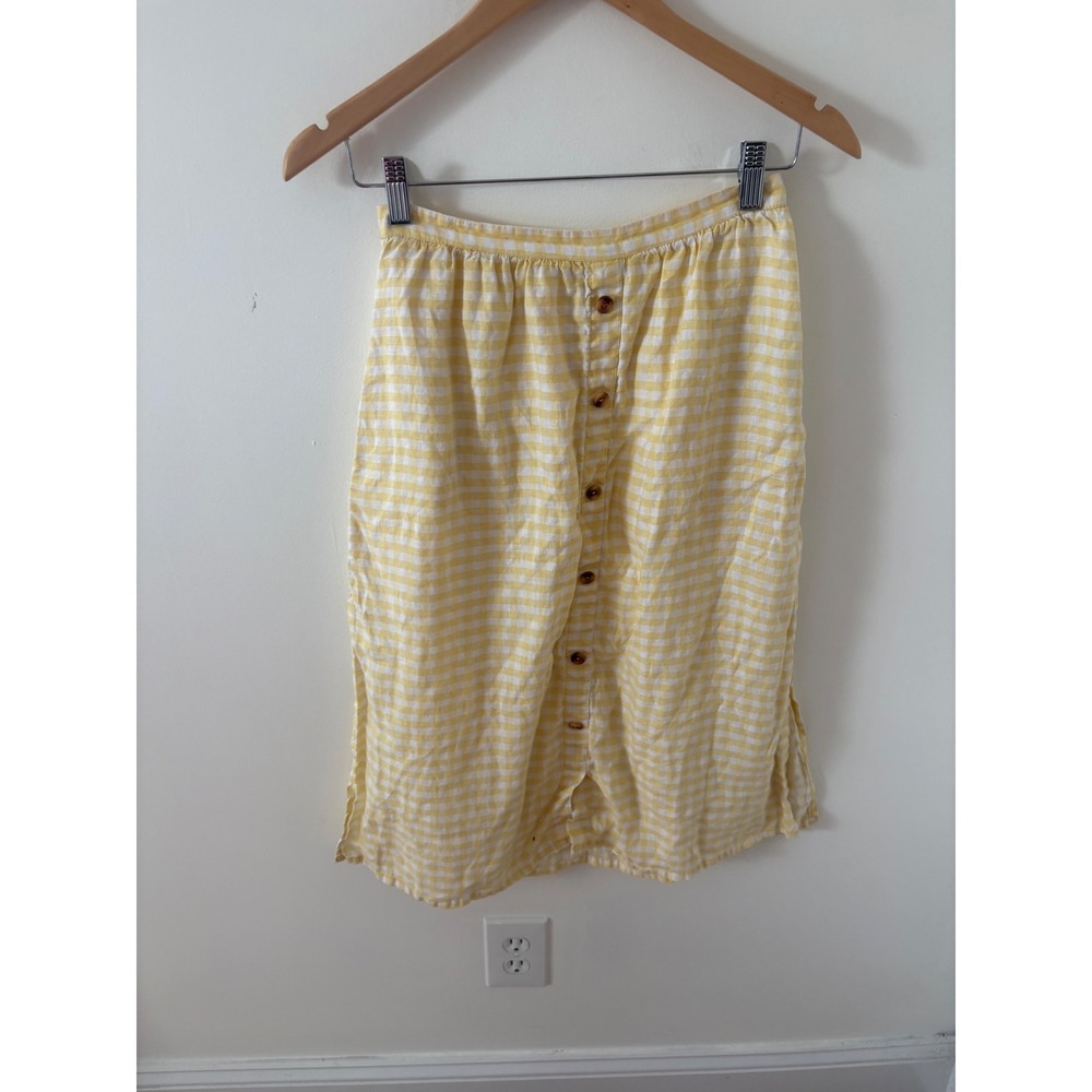 Faithfull the Brand Yellow Gingham Button Front Midi Skirt Side Slits Size US 4